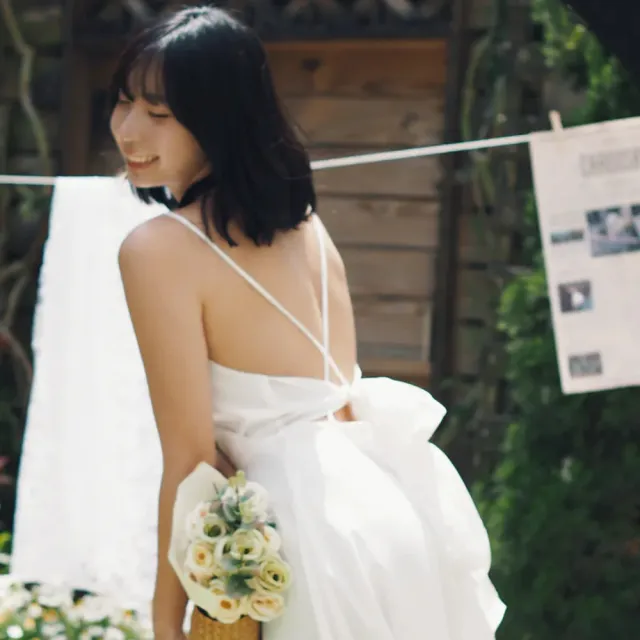 【SeasonsBikini】緞面露背長洋裝 白 -783(綁帶長洋裝輕婚紗)