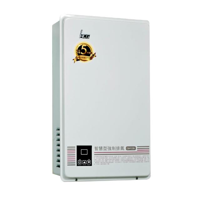 HCG和成 GH-126i 瓦斯熱水器，採用數位恆溫技術，提供穩定12L熱水輸出，FE強制排氣式設計確保安全高效，熱效率83%及能源效率第二級。電子式自動點火，適用天然氣及桶裝瓦斯，冷熱水管口徑1/2，尺寸630×375×170mm，臺灣製造，保固1年，BSMI許可R4AA16，適閤家庭使用，提供舒適熱水體驗。