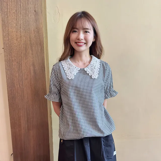 【Hana Mokuba】花木馬日系女裝鏤空蕾絲立領格紋綁帶收口上衣(造型上衣)