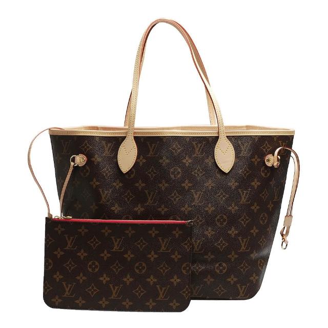 高階時尚品牌 LOUIS VUITTON 獨家設計的 M46987 經典 Monogram 花紋 Neverfull MM 子母包，以優雅的紅色與棕色/咖啡色為主色調，融合數字與英文字母圖案，展現歐系精品風格。採用高品質帆布與皮革材質，經典設計兼具實用性與時尚感，適合女性日常出勤與休閒場合。