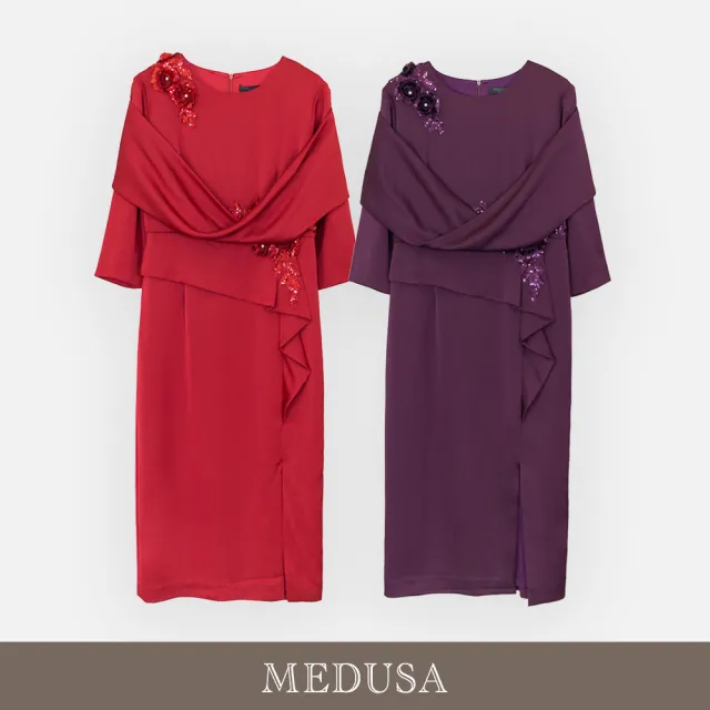 【MEDUSA 曼度莎】現貨-披肩立體花朵修身喜宴小禮服 - 2色（M-XL）｜喜宴禮服 媽媽修身長洋裝(701-70606)