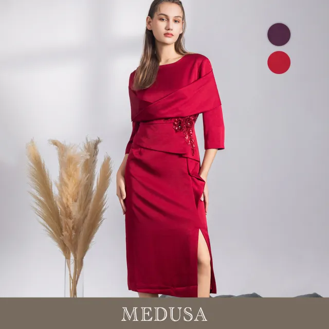 【MEDUSA 曼度莎】現貨-披肩立體花朵修身喜宴小禮服 - 2色(M-XL)|喜宴禮服 媽媽修身長洋裝(701-70606)