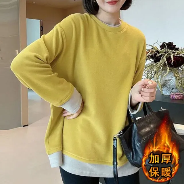 【AKARA】韓系爆款隨性寬版風保暖假兩件長袖上衣(M-3XL/保暖德絨/中大碼)