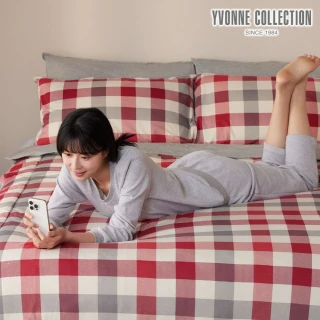 【YVONNE 以旺傢飾】100%美國棉四季被-格紋 葡萄藤紅(單人 純棉 棉被 水洗)