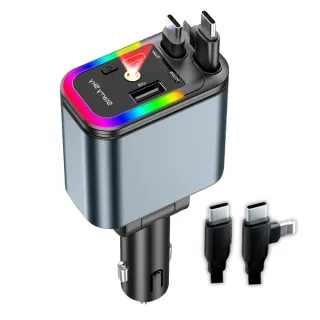 全新升級伸縮雙TC+蘋果車用快充 BSMI認證(TypeC Lightning 點煙器 車充轉接頭 安卓 閃充 自帶線 伸縮線)