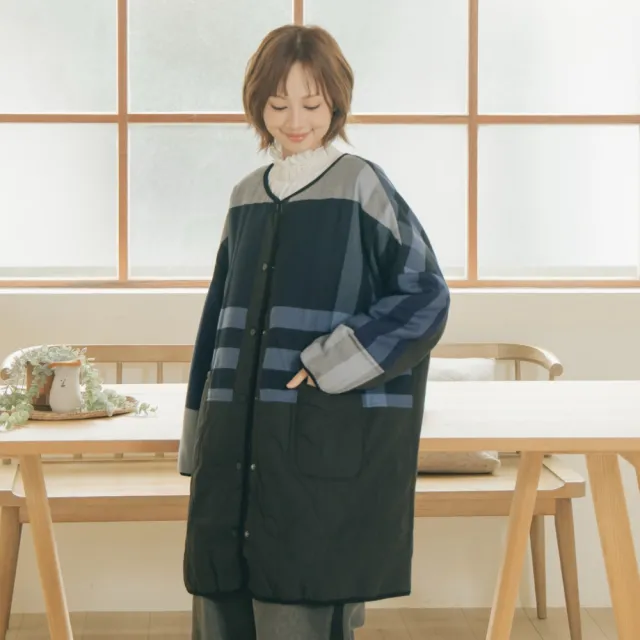 【MOSS CLUB】循環大格拼接滾邊絎縫鋪棉外套(藍 米 咖/魅力商品)