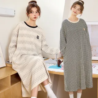 【Kosmiya】1套 帶胸墊 棉質日系格紋長袖睡裙/女睡衣/保暖睡衣/長袖睡衣/連身洋裝/洋裝(3色/均碼/加大碼)