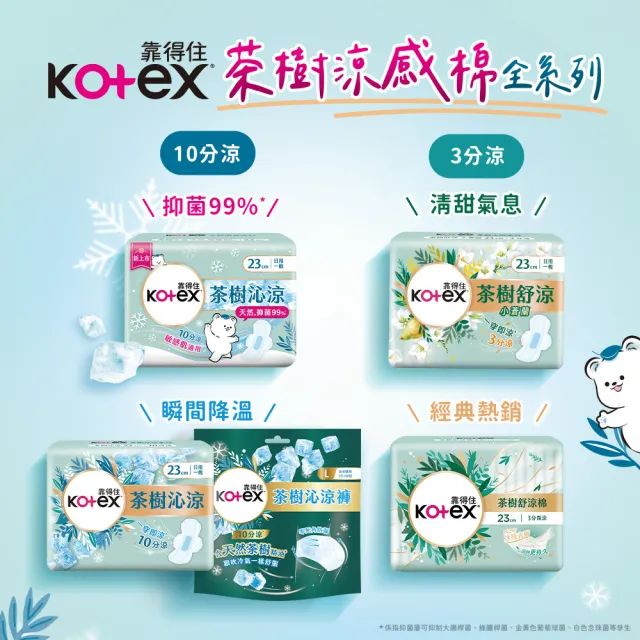 【Kotex 靠得住】茶樹舒涼棉35cm+舒涼棉小蒼蘭28cm+沁涼棉23cm+沁涼褲L號+舒涼護墊各1包(涼感新客體驗組)