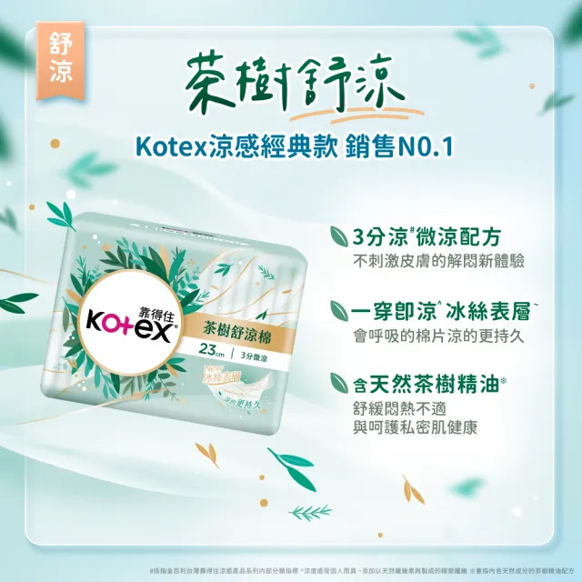【Kotex 靠得住】茶樹舒涼棉35cm+舒涼棉小蒼蘭28cm+沁涼棉23cm+沁涼褲L號+舒涼護墊各1包(涼感新客體驗組)