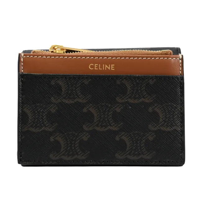 【CELINE】品牌金屬LOGO滿版印花釦式三折零錢小短夾(深咖)