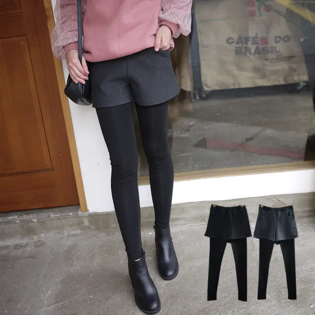 【SISTERS】內磨毛假兩件式短褲內搭褲 長褲 一般碼/加大(冬新品/女長褲/磨毛/內搭褲/抗溫差/保暖褲)
