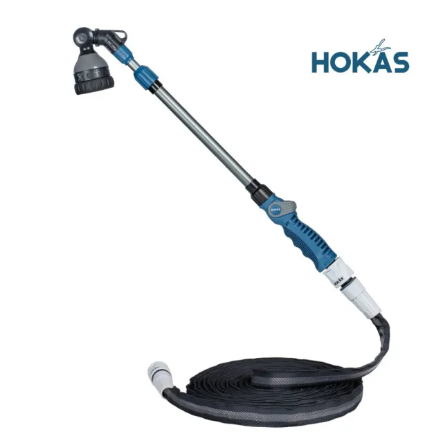 【HOKAS】HOKAS輕巧園藝伸縮型長柄水槍強力水管套組(伸縮水槍 強力水管7.5米 台灣製)