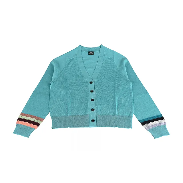 【Paul Smith】PAUL SMITH 白簽字LOGO柔軟羊毛搭繽紛滾邊長袖V領5鈕釦開襟衫(女款/綠藍)
