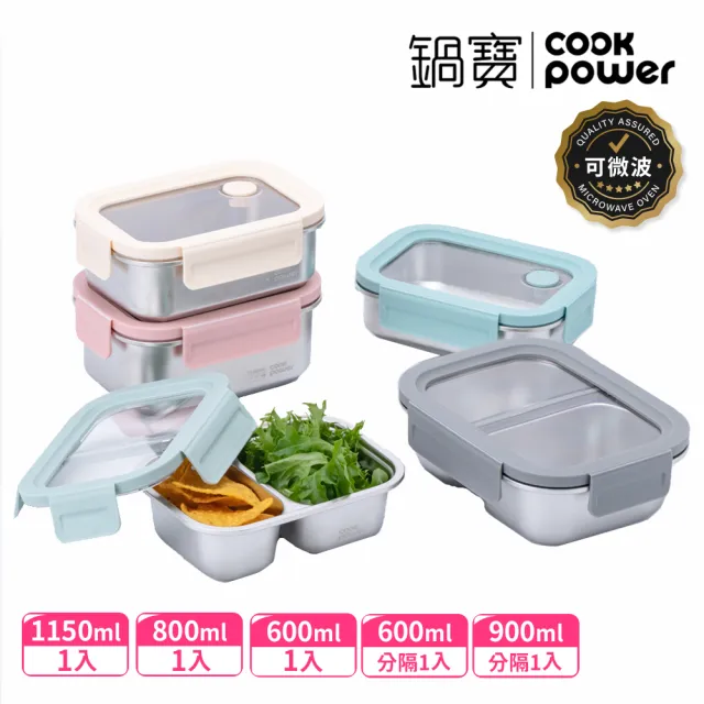 【CookPower 鍋寶】Snapiro新升級全密封316L不鏽鋼可微波分隔保鮮盒5件組