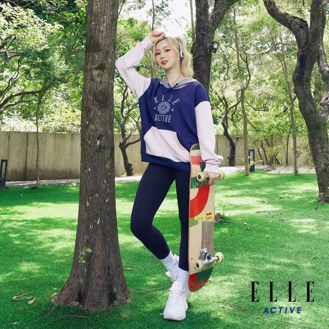 【ELLE ACTIVE】女款 拼色學院風長袖連帽T恤-深藍色(EA25A2F1403-39)