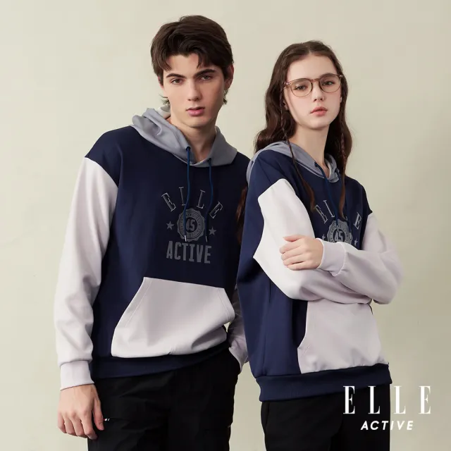 【ELLE ACTIVE】女款 拼色學院風長袖連帽T恤-深藍色(EA25A2F1403-39)