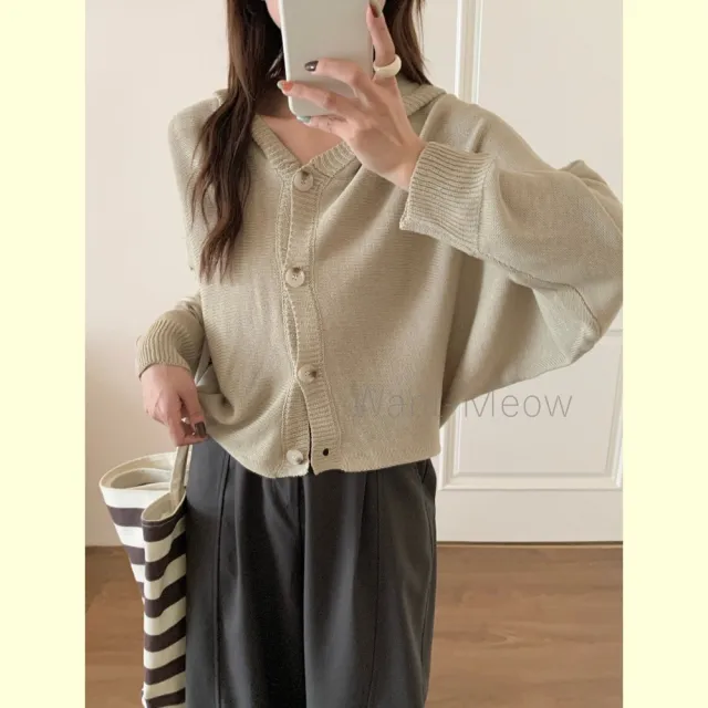 【Want-Meow】90公斤可穿韓系慵懶氛圍感寬鬆連帽針織外套(大碼上衣/大碼/大尺碼/連帽針織外套)