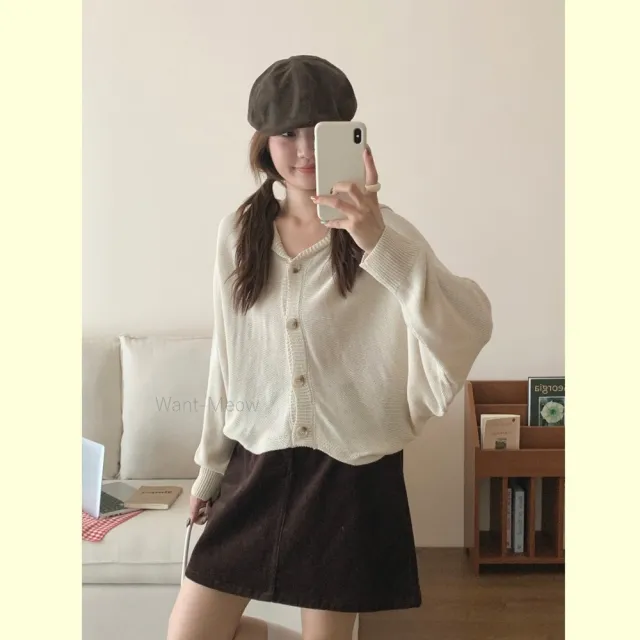 【Want-Meow】90公斤可穿韓系慵懶氛圍感寬鬆連帽針織外套(大碼上衣/大碼/大尺碼/連帽針織外套)
