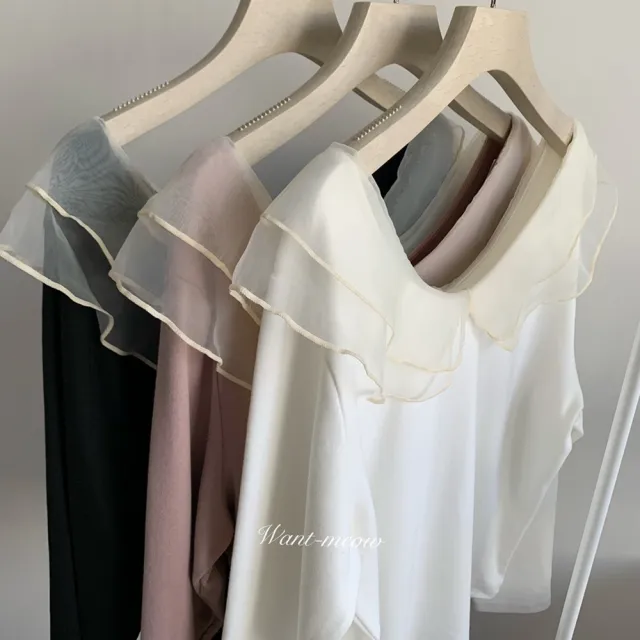 【Want-Meow】90公斤可穿/韓系精緻拼接網紗長袖上衣(大碼/大尺碼/加大碼/長袖上衣)