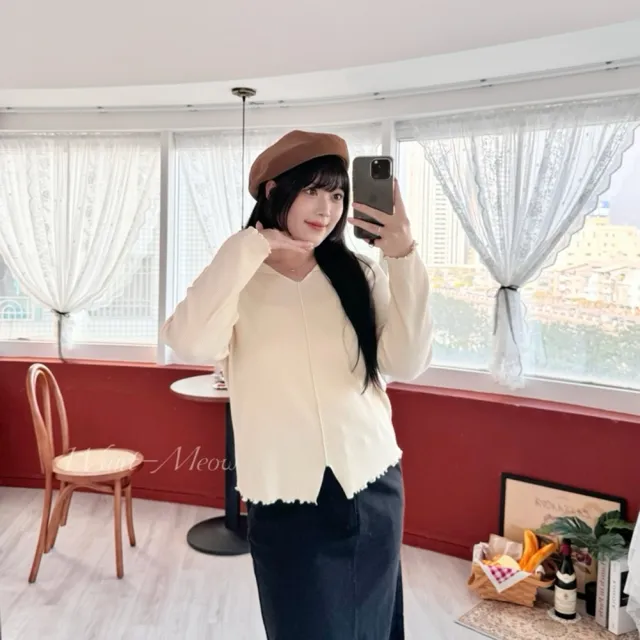 【Want-Meow】80公斤可穿/簡約超顯瘦必帶長袖翻領木耳捲邊上衣(大碼/大尺碼/加大碼/長袖上衣)