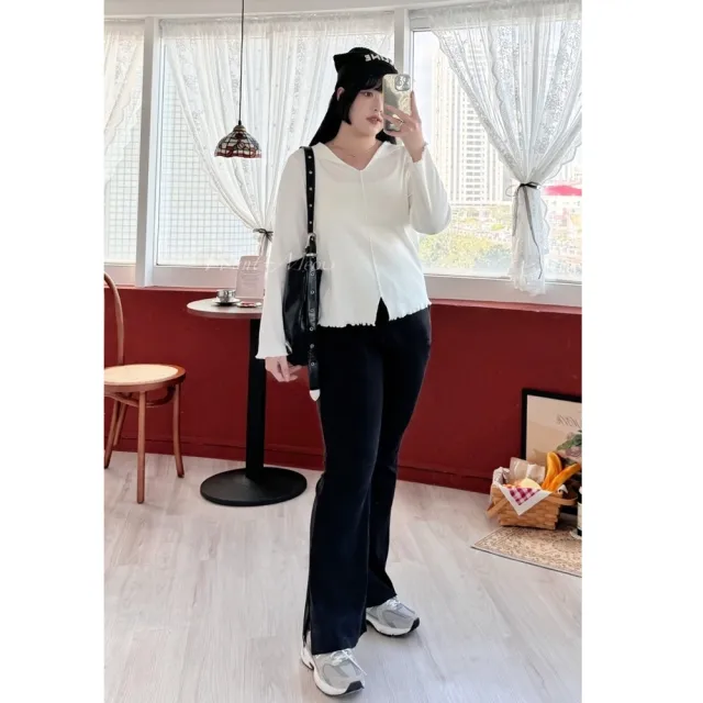 【Want-Meow】80公斤可穿/簡約超顯瘦必帶長袖翻領木耳捲邊上衣(大碼/大尺碼/加大碼/長袖上衣)
