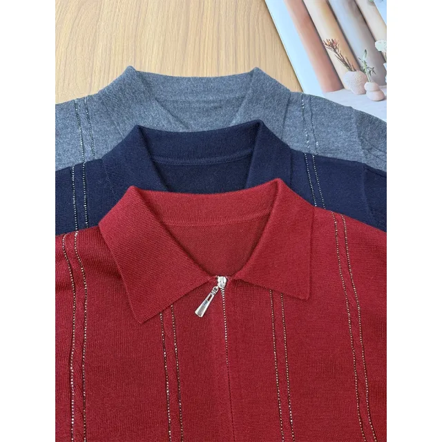 【VERTEX】時尚線條燙鑽翻領雙拉鍊針織上衣-B