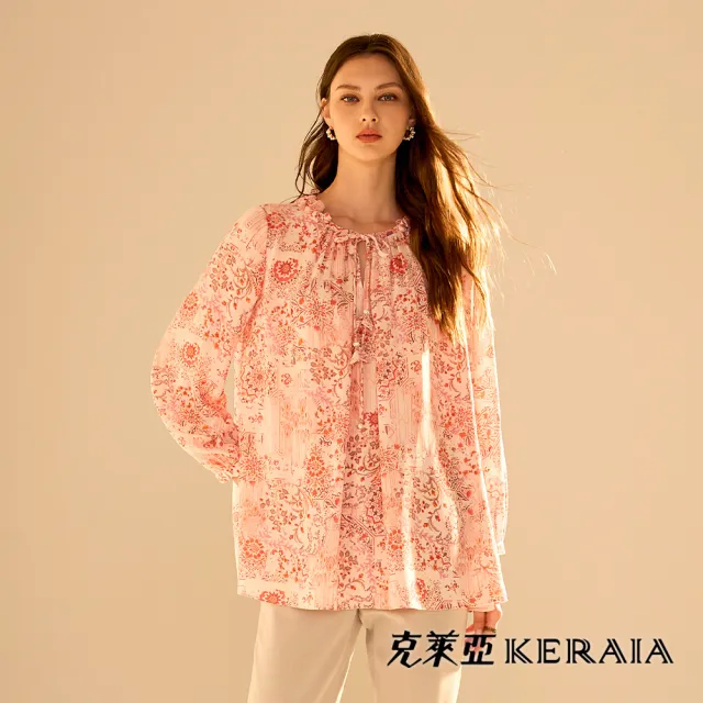 【KERAIA 克萊亞】杏桃花辭綁帶雪紡上衣
