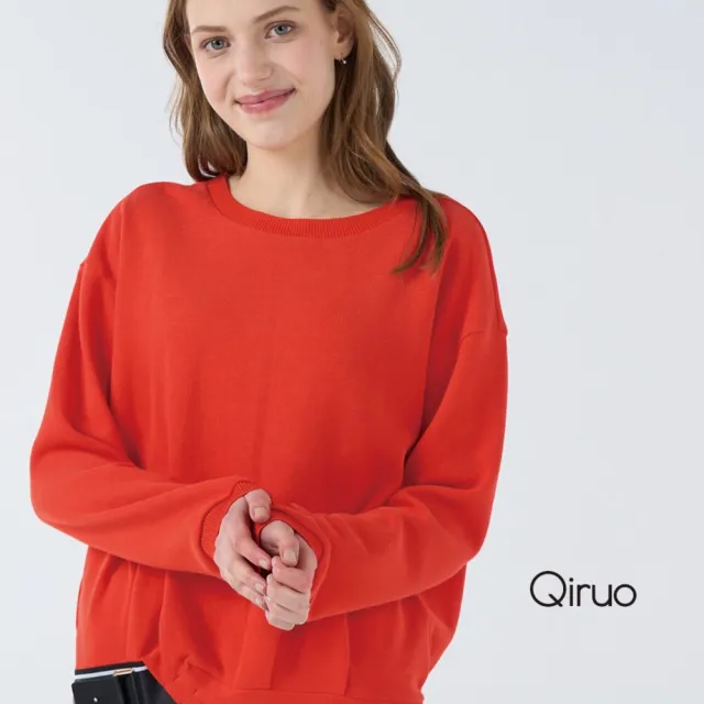 【Qiruo 奇若名品】厚棉質 圓領 下擺寬鬆緊帶長袖橘色造型上衣 6232A