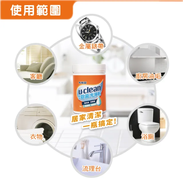 【u-clean】神奇萬用除菌洗淨粉1kg*4入(除菌、脫臭一瓶搞定：洗衣 / 廚房油污/ 浴室水垢/錶帶)