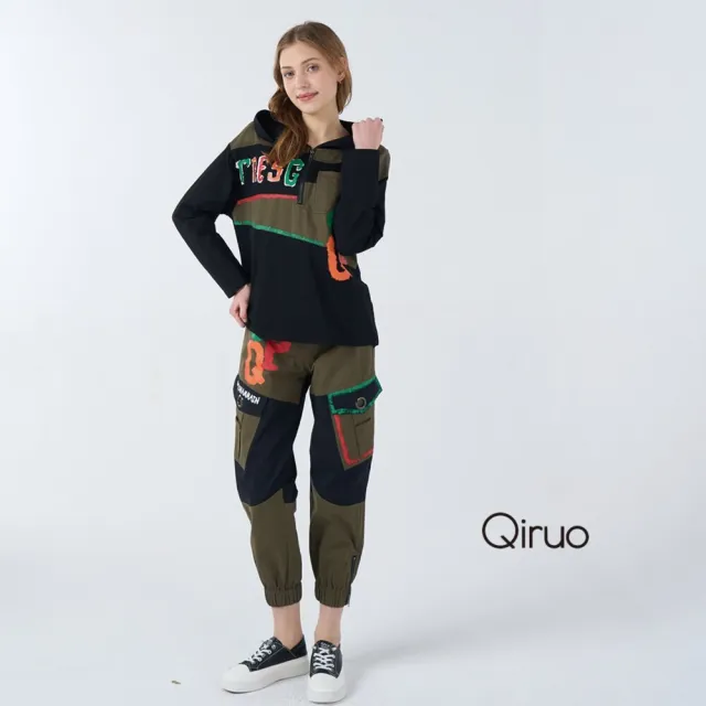 【Qiruo 奇若名品】棉質 多色拼接連帽上衣長袖黑色 7023A