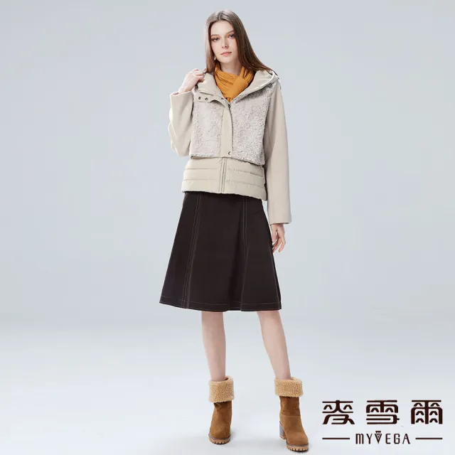 【MYVEGA 麥雪爾】連帽異材質拼接毛毛鋪棉外套-卡其