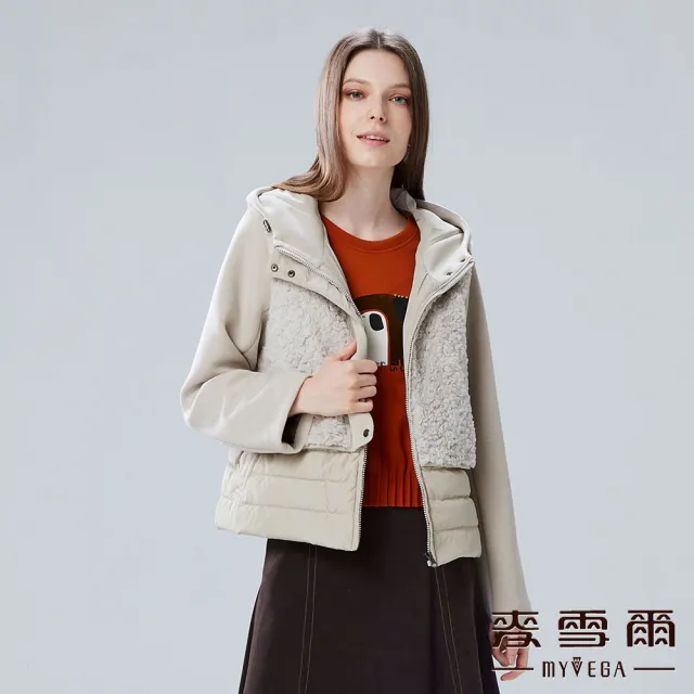 【MYVEGA 麥雪爾】連帽異材質拼接毛毛鋪棉外套-卡其