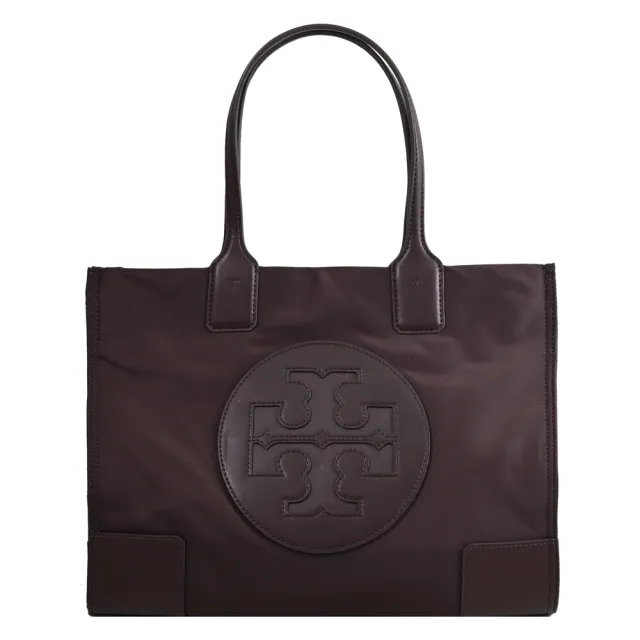 【TORY BURCH】圓標雙T LOGO素面尼龍皮邊飾購物包托特包(深咖)