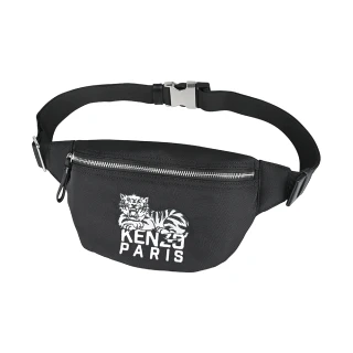 【KENZO】KENZO Happy Tiger刺繡白字LOGO帆布拉鍊腰包/胸掛包(男款/黑)