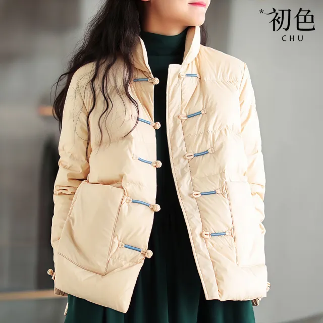 【初色】民族風短款寬鬆撞色單排盤扣立領長袖羽絨外套女外套-共4色-16556(M-2XL可選)