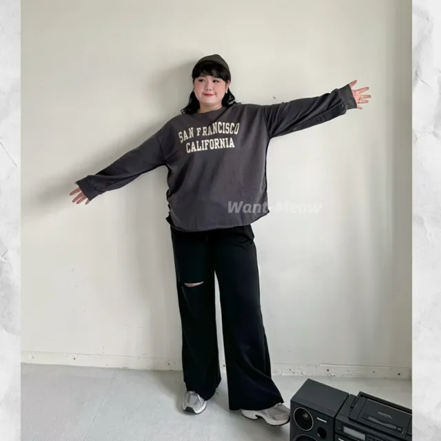 【Want-Meow】90公斤可穿/韓系鬆緊休閒割破棉寬褲(大碼/大尺碼/加大碼/鬆緊寬褲)