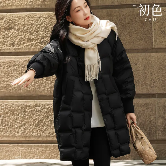 【初色】通勤風中長款厚款寬鬆保暖純色單排釦圓領長袖羽絨外套女外套-共3色-16551(S/M可選)