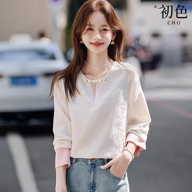 【初色】新中式圓領落肩七分袖撞色假兩件拼接上衣女上衣-淺杏色-16660(M-3XL可選)