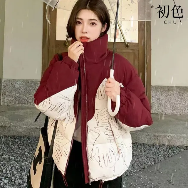 【初色】韓版寬鬆厚款短款拼接撞色圖案線條印花立領長袖科技保暖纖維棉外套女外套-共4色-16595(M-2XL可選)