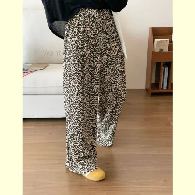 【Want-Meow】90公斤可穿/韓系不挑身形的高腰顯瘦豹紋寬褲(大碼/大尺碼/加大碼/鬆緊寬褲)