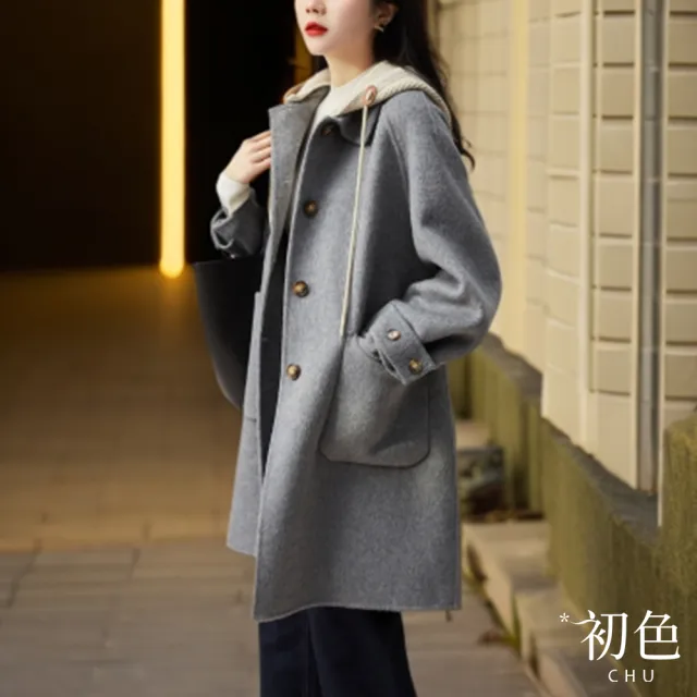 【初色】寬鬆顯瘦單排扣大口袋拼接連帽毛呢保暖大衣外套女外套-共2色-38216(M-2XL可選)(其他規格)