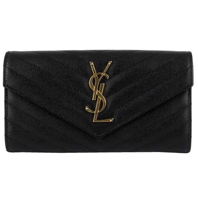 【YSL】MONOGRAM 珍珠紋V型牛皮金字LOGO翻蓋長夾(黑色/12卡)