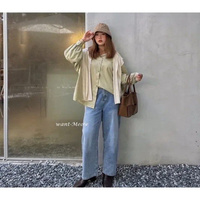 【Want-Meow】自訂款100公斤可穿/淺藍色直筒褲寬褲鬆緊褲頭男友褲牛仔褲(大尺碼/大碼/直筒牛仔褲)