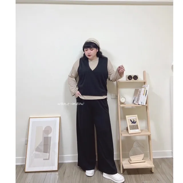 【Want-Meow】90公斤可穿/百搭神器超級顯瘦抽繩口袋棉寬褲(大碼/大尺碼/加大碼/棉寬褲)