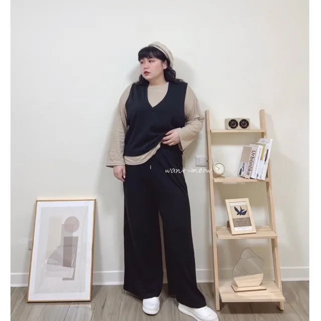 【Want-Meow】90公斤可穿/百搭神器超級顯瘦抽繩口袋棉寬褲(大碼/大尺碼/加大碼/棉寬褲)