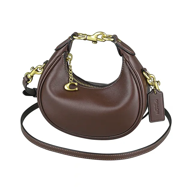 【COACH】COACH Jonie珠鍊吊牌LOGO小牛皮拉鍊式手提/斜背半月包(楓木棕)