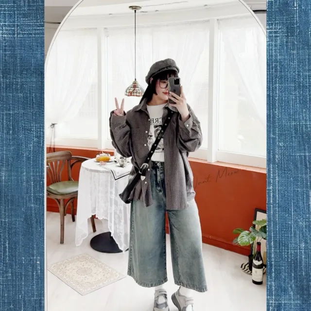 【Want-Meow】70公斤可穿/百搭神器百搭八分牛仔寬褲(大碼/大尺碼/加大碼/牛仔寬褲)