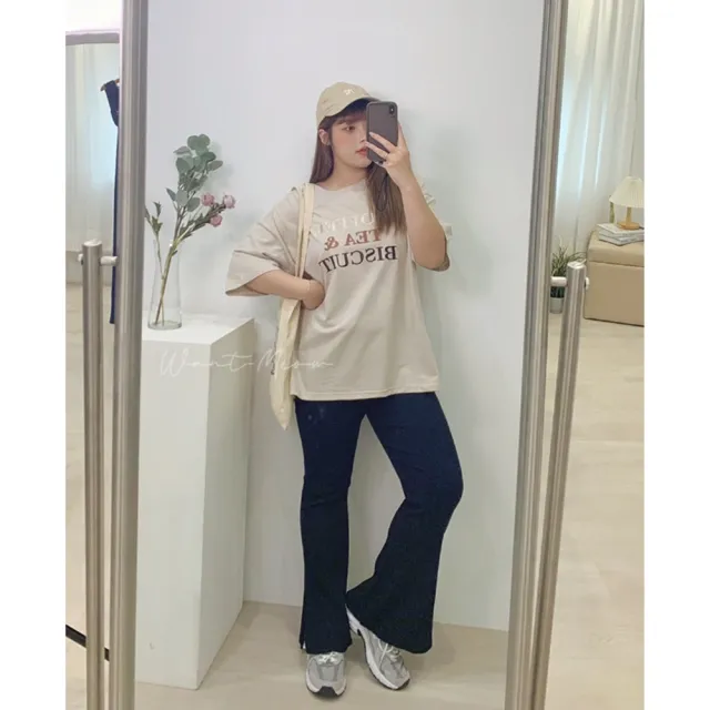 【Want-Meow】90公斤可穿/超級顯瘦款螺紋側開岔鬆緊喇叭褲(大碼/大尺碼/加大碼/喇叭褲/寬褲)