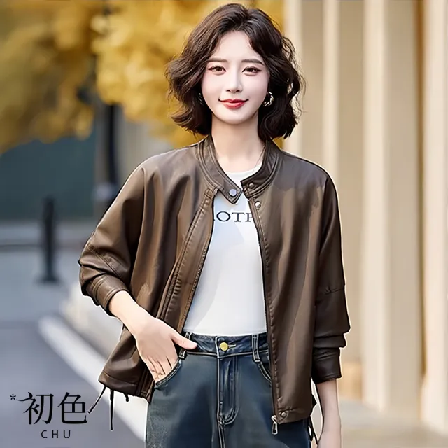 【初色】復古純色口袋圓領長袖拉鍊釦子皮衣外套女外套-共2色-16613(M-XL可選)
