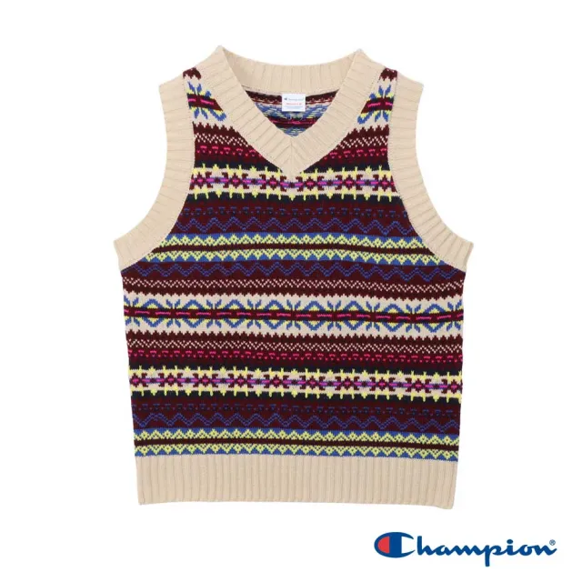 【Champion】官方直營 女款-CASUAL V領幾何圖紋針織背心-米色/彩色(CW-C006-780 日規)